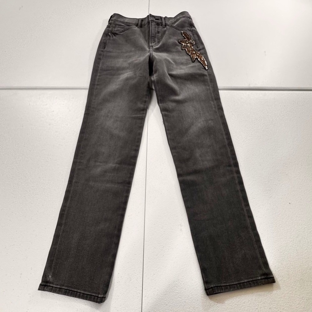 Express Womens Slim Super High Rise Grey Jeans Embellished Lightning Bolt Sz 2R